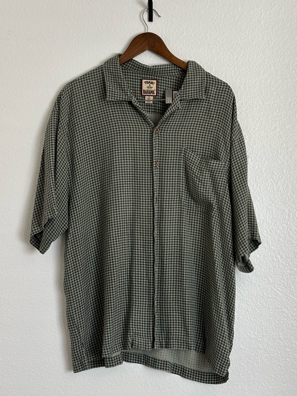 Tommy Bahama Green and Black Checked Short Sleeve Camp Shirt. Item 021